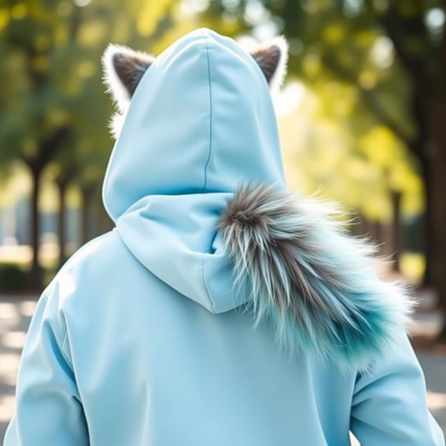 A stylish person wearing a blue pastel hoodie that blends seamlessly with a fluffy cat tail, creating an artistic fusion of apparel and pet