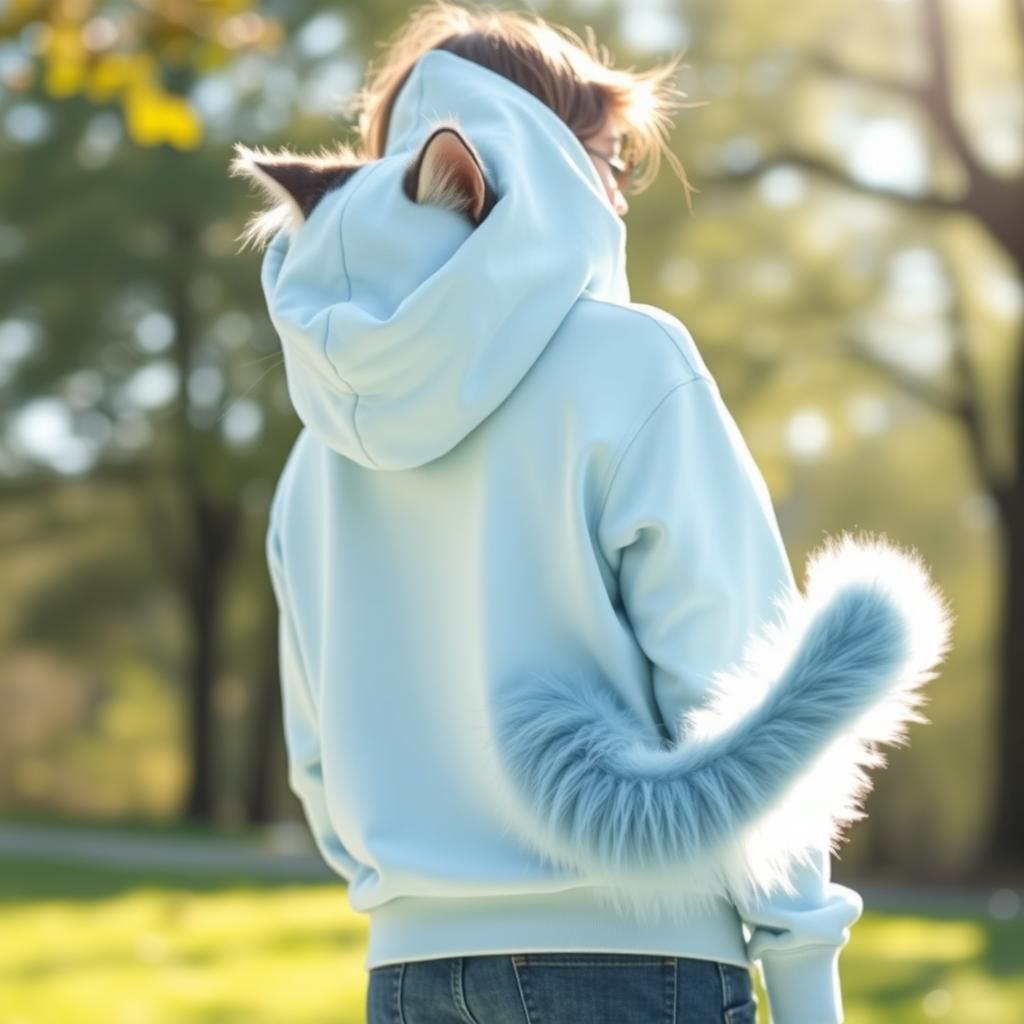 A stylish person wearing a blue pastel hoodie that blends seamlessly with a fluffy cat tail, creating an artistic fusion of apparel and pet