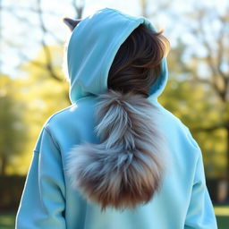 A stylish person wearing a blue pastel hoodie that blends seamlessly with a fluffy cat tail, creating an artistic fusion of apparel and pet