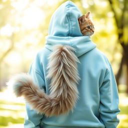 A stylish person wearing a blue pastel hoodie that blends seamlessly with a fluffy cat tail, creating an artistic fusion of apparel and pet