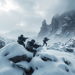 A stunning 32k wallpaper featuring a dramatic scene from a Call of Duty-style game set on a snowy mountain landscape