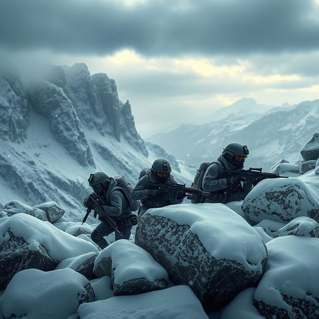 A stunning 32k wallpaper featuring a dramatic scene from a Call of Duty-style game set on a snowy mountain landscape