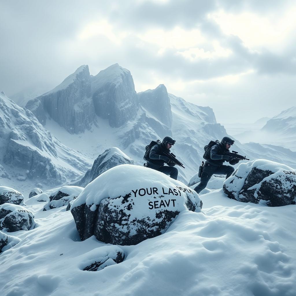 A stunning 32k wallpaper featuring a dramatic scene from a Call of Duty-style game set on a snowy mountain landscape