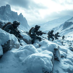 A stunning 32k wallpaper featuring a dramatic scene from a Call of Duty-style game set on a snowy mountain landscape