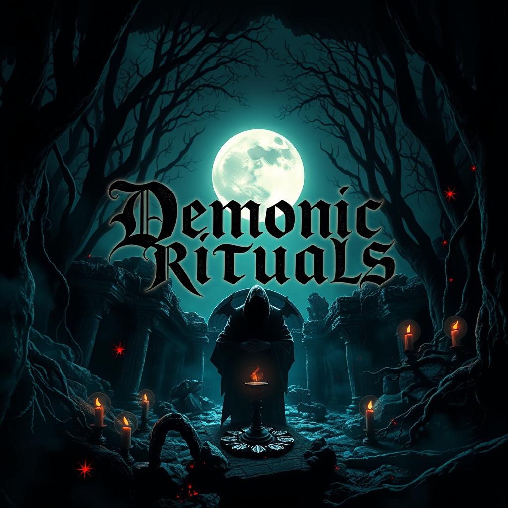 A haunting and atmospheric music album cover design for a dark demonic ritual theme