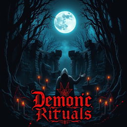A haunting and atmospheric music album cover design for a dark demonic ritual theme