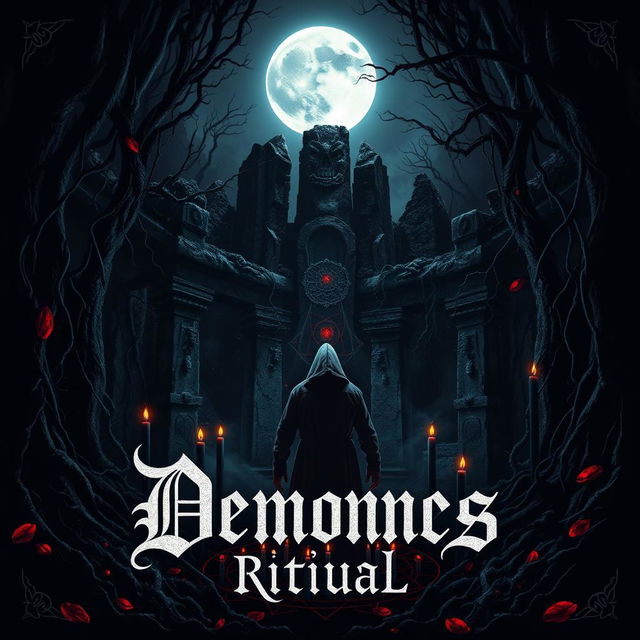 A haunting and atmospheric music album cover design for a dark demonic ritual theme