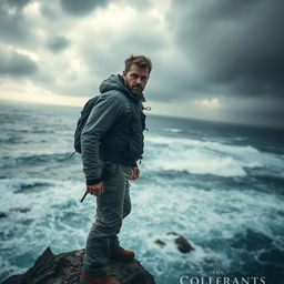 A determined individual standing at the edge of a cliff, overlooking a vast, tumultuous ocean under a stormy sky
