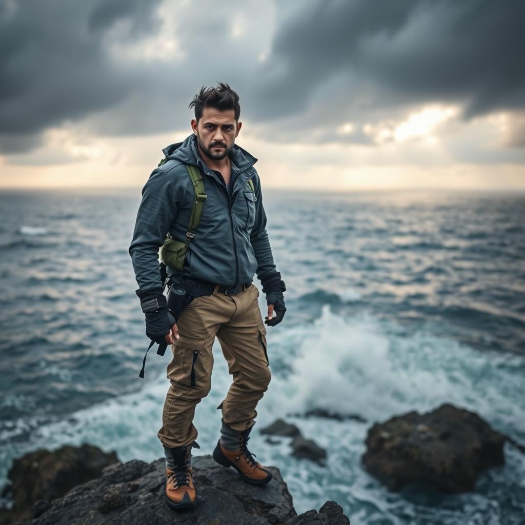 A determined individual standing at the edge of a cliff, overlooking a vast, tumultuous ocean under a stormy sky