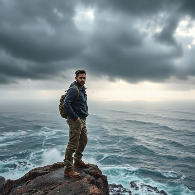 A determined individual standing at the edge of a cliff, overlooking a vast, tumultuous ocean under a stormy sky