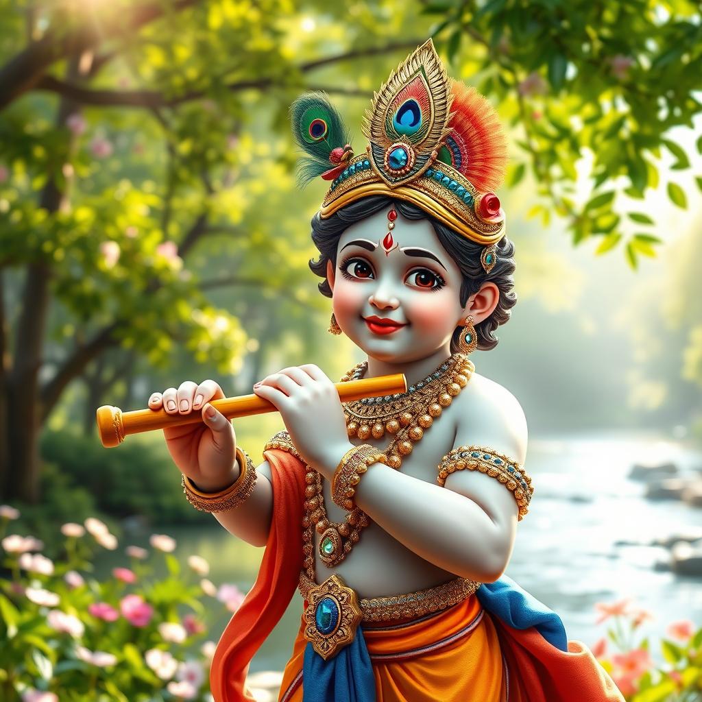 Lord Bal Krishna, a divine figure portraying a young boy with an enchanting and playful smile, holding a beautifully detailed flute in his hand