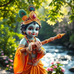 Lord Bal Krishna, a divine figure portraying a young boy with an enchanting and playful smile, holding a beautifully detailed flute in his hand