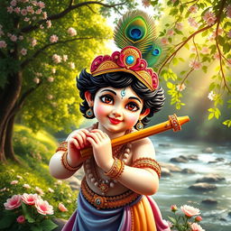 Lord Bal Krishna, a divine figure portraying a young boy with an enchanting and playful smile, holding a beautifully detailed flute in his hand