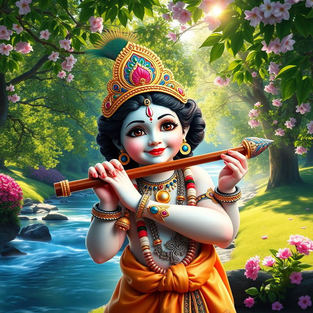 Lord Bal Krishna, a divine figure portraying a young boy with an enchanting and playful smile, holding a beautifully detailed flute in his hand