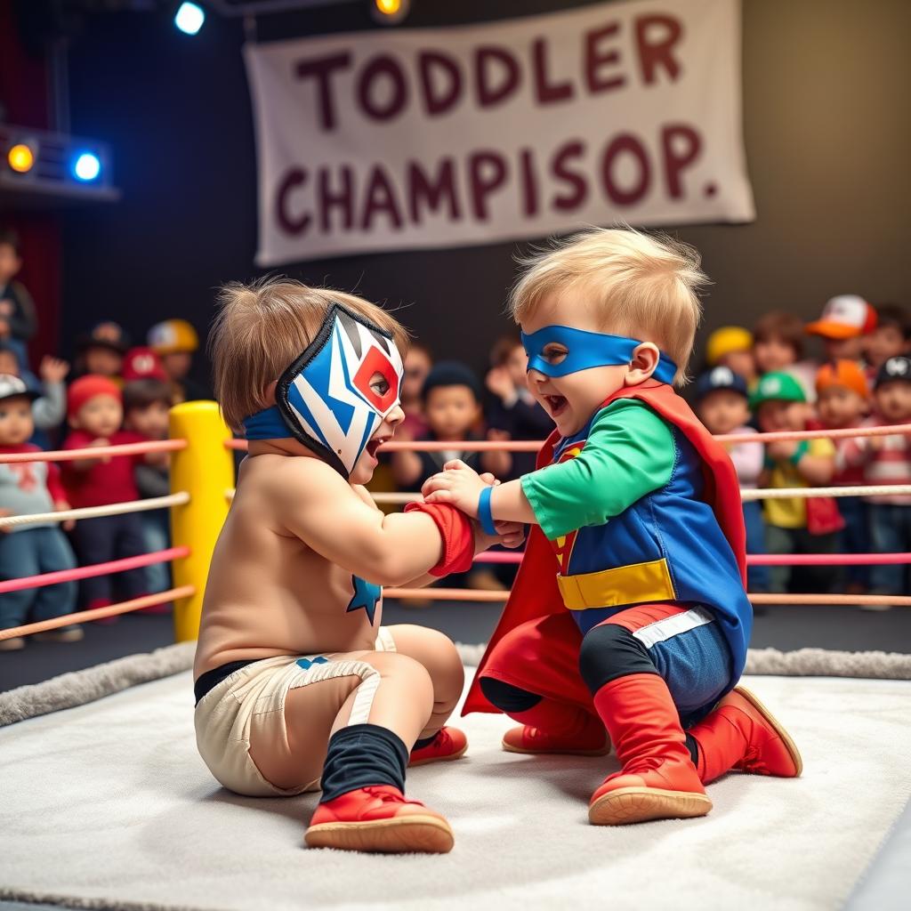 A whimsical and humorous scene depicting two toddlers in a playful wrestling match, styled like a WWE event