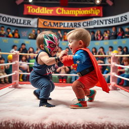 A whimsical and humorous scene depicting two toddlers in a playful wrestling match, styled like a WWE event