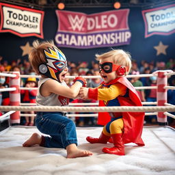 A whimsical and humorous scene depicting two toddlers in a playful wrestling match, styled like a WWE event