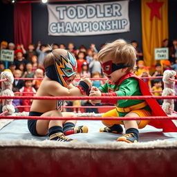 A whimsical and humorous scene depicting two toddlers in a playful wrestling match, styled like a WWE event
