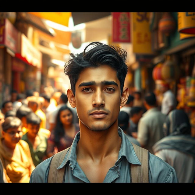 A handsome young man named Rafi, standing confidently in a crowded marketplace filled with vibrant stalls and lively people