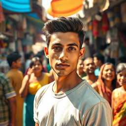 A handsome young man named Rafi, standing confidently in a crowded marketplace filled with vibrant stalls and lively people