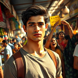A handsome young man named Rafi, standing confidently in a crowded marketplace filled with vibrant stalls and lively people