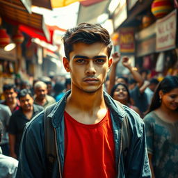 A handsome young man named Rafi, standing confidently in a crowded marketplace filled with vibrant stalls and lively people