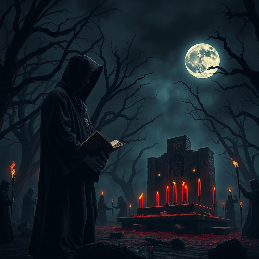 A chilling and evocative dark demonic ritual music album cover, featuring a dark, gothic landscape illuminated by eerie, flickering torches
