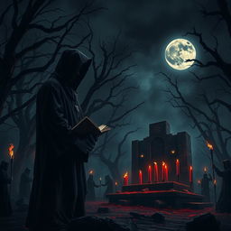 A chilling and evocative dark demonic ritual music album cover, featuring a dark, gothic landscape illuminated by eerie, flickering torches