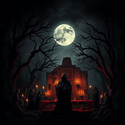 A chilling and evocative dark demonic ritual music album cover, featuring a dark, gothic landscape illuminated by eerie, flickering torches