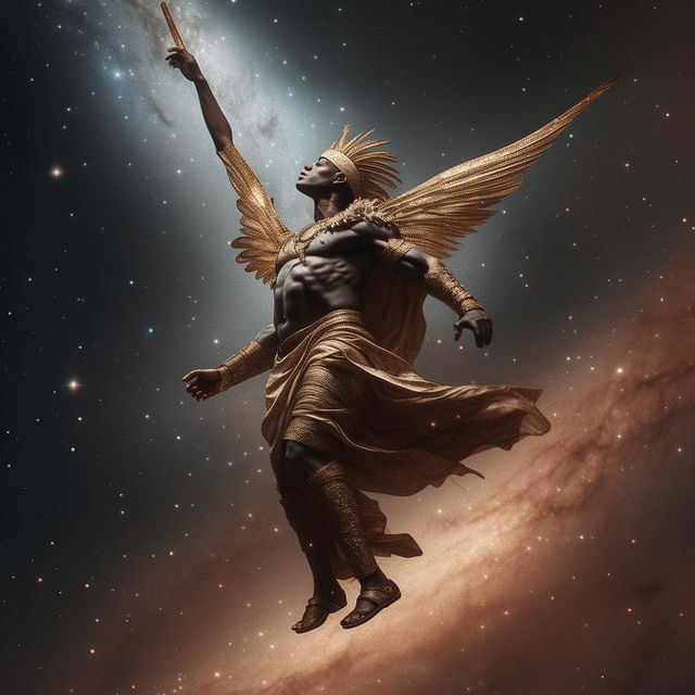 Ogun, Yoruba god of iron, flying in galaxies