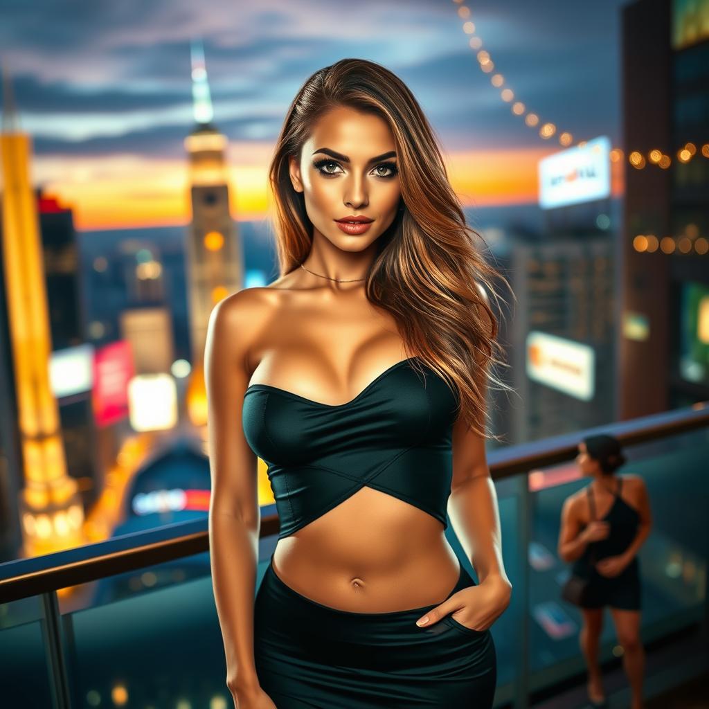 A beautiful, confident woman with striking features, wearing a stylish, form-fitting outfit that accentuates her curves