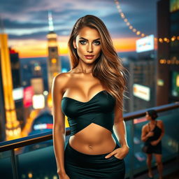 A beautiful, confident woman with striking features, wearing a stylish, form-fitting outfit that accentuates her curves