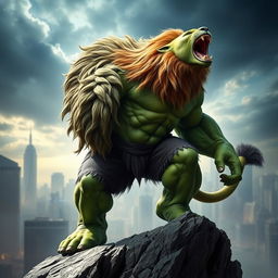 An imaginative hybrid creature that combines the features of The Hulk from the Avengers and a powerful animal, such as a lion