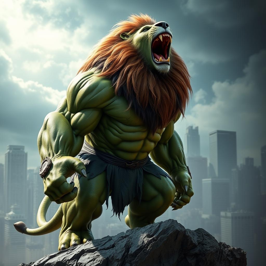 An imaginative hybrid creature that combines the features of The Hulk from the Avengers and a powerful animal, such as a lion