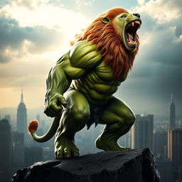 An imaginative hybrid creature that combines the features of The Hulk from the Avengers and a powerful animal, such as a lion