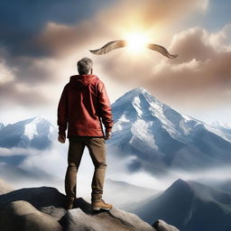 A high-quality, hyper-realistic digital art piece for a book cover, showcasing a man standing victoriously atop a mountain