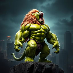 An imaginative hybrid creature that combines the features of The Hulk from the Avengers and a powerful animal, such as a lion