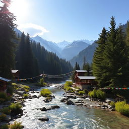 A stunning landscape of Kasol, India, showcasing the beautiful Parvati Valley with lush green pine forests and snow-capped mountains in the background