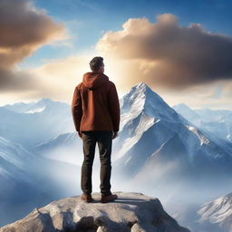 A high-quality, hyper-realistic digital art piece for a book cover, showcasing a man standing victoriously atop a mountain