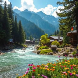 A stunning landscape of Kasol, India, showcasing the beautiful Parvati Valley with lush green pine forests and snow-capped mountains in the background