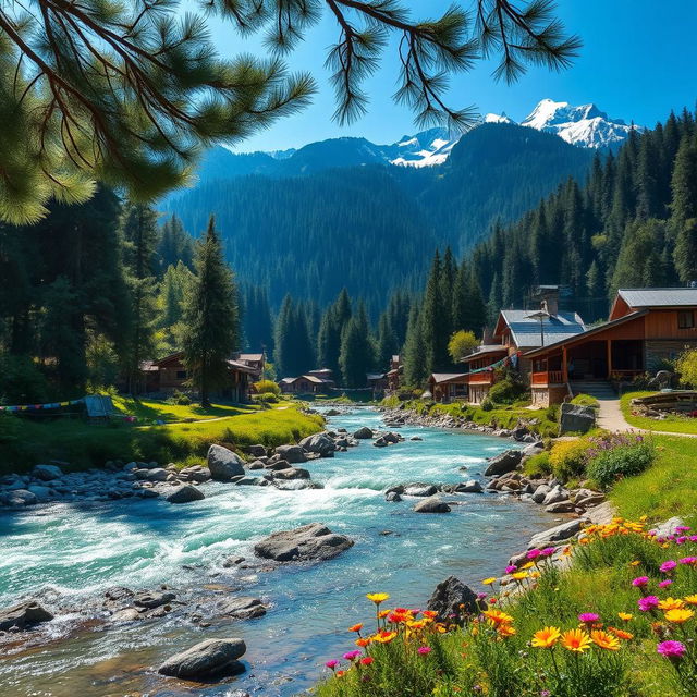 A stunning landscape of Kasol, India, showcasing the beautiful Parvati Valley with lush green pine forests and snow-capped mountains in the background