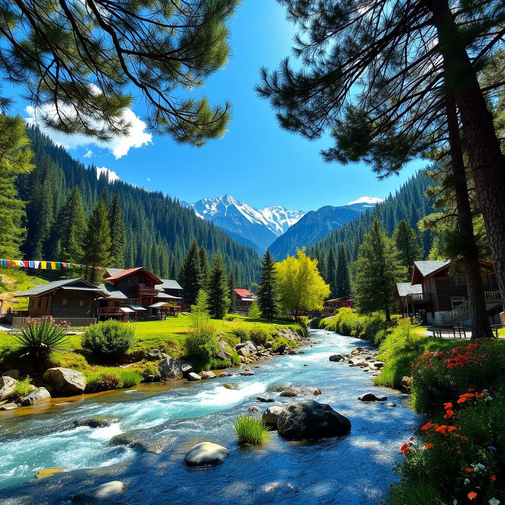 A stunning landscape of Kasol, India, showcasing the beautiful Parvati Valley with lush green pine forests and snow-capped mountains in the background