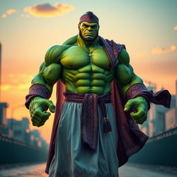 An imaginative and vibrant portrayal of Hulk, the iconic green superhero, dressed in a traditional Muslim outfit including a flowing thobe, a kufi cap, and intricate patterns