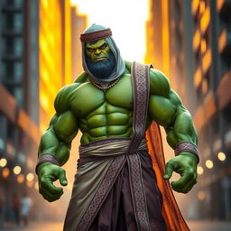 An imaginative and vibrant portrayal of Hulk, the iconic green superhero, dressed in a traditional Muslim outfit including a flowing thobe, a kufi cap, and intricate patterns