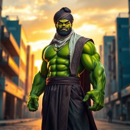 An imaginative and vibrant portrayal of Hulk, the iconic green superhero, dressed in a traditional Muslim outfit including a flowing thobe, a kufi cap, and intricate patterns