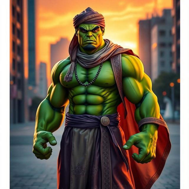 An imaginative and vibrant portrayal of Hulk, the iconic green superhero, dressed in a traditional Muslim outfit including a flowing thobe, a kufi cap, and intricate patterns