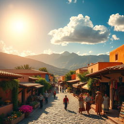 A picturesque Mexican village scene, showcasing colorful adobe houses with terracotta roofs, surrounded by lush greenery and vibrant flowers
