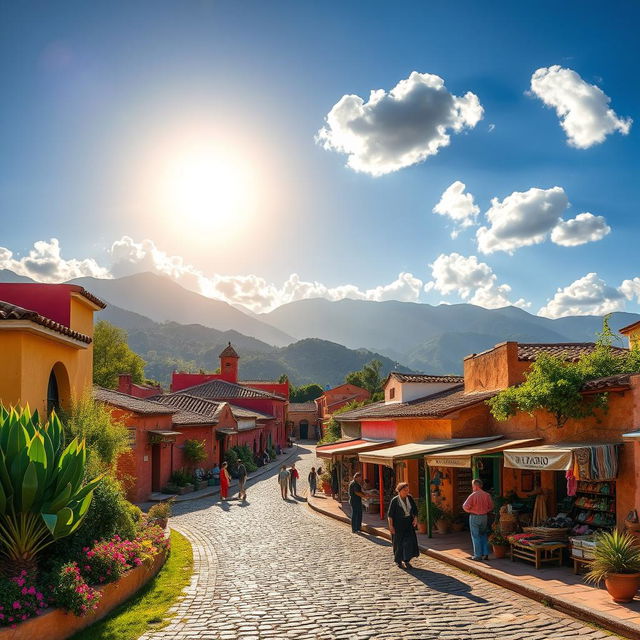 A picturesque Mexican village scene, showcasing colorful adobe houses with terracotta roofs, surrounded by lush greenery and vibrant flowers