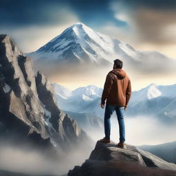 A high-quality, hyper-realistic digital art piece for a book cover, showcasing a man standing victoriously atop a mountain