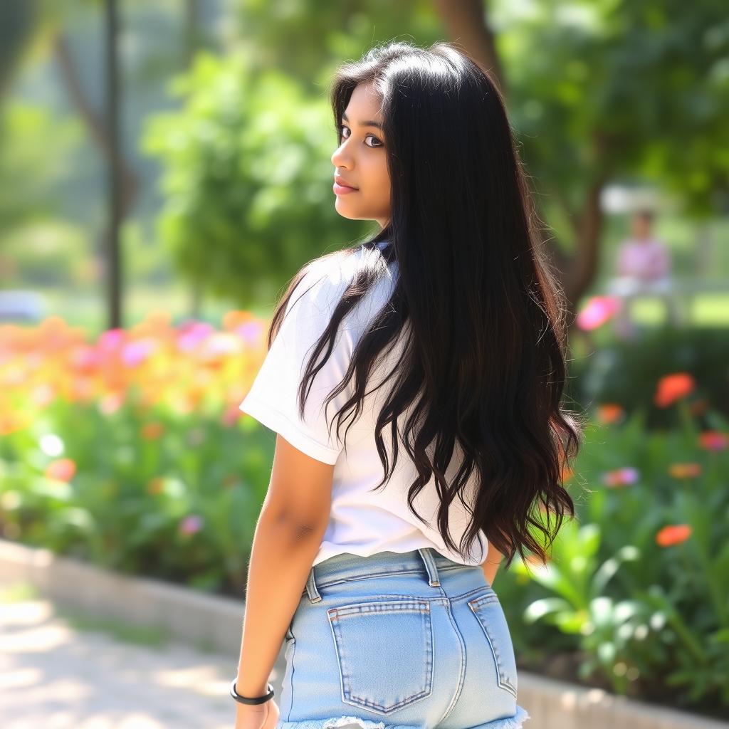 A 22-year-old Malayali girl standing with her back to the camera, wearing a casual white t-shirt and denim shorts